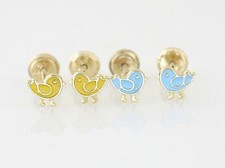 14K Gold Twitter Enamel Stud Earrings With Screw Back, Baby Stud Earrings