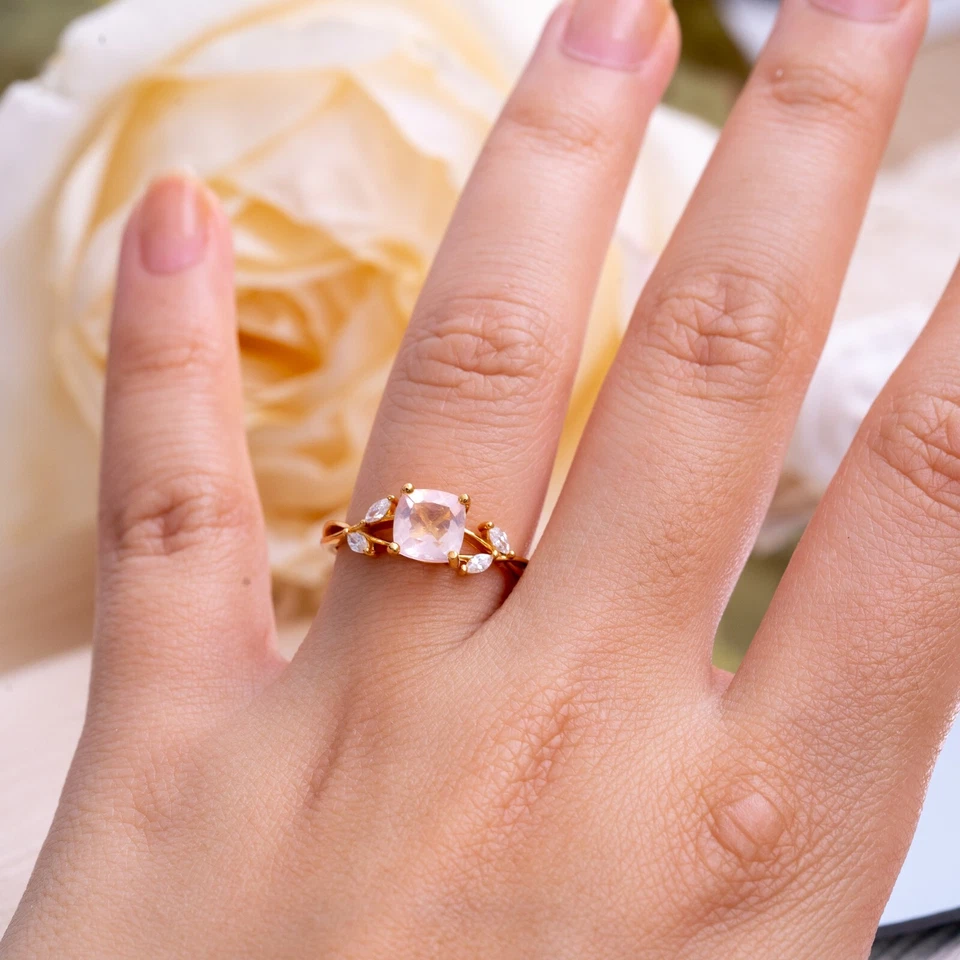 Delicado anillo de cristal rosa con flor de cuarzo rosa plata esterlina oro vermeil joyería Foto 3 de 4