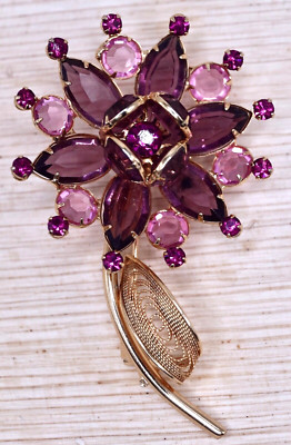 Open Back Riveted Crystal Bezel & Prong Set Flower Brooch Pin Stem Quilled Leaf