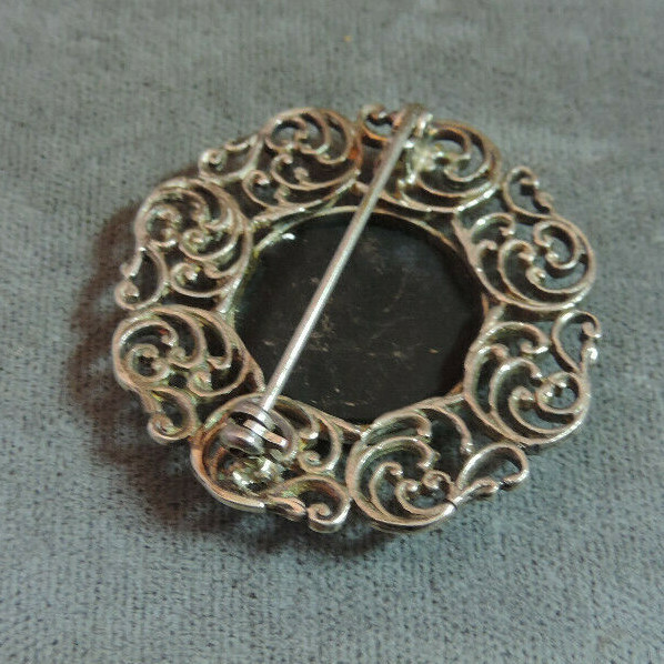 Pendentif Broche Argent Massif 925 - Pierre Noire - Bijou Filigrané Vintage
