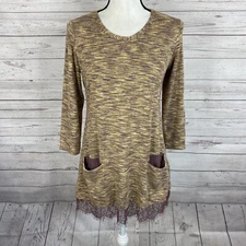 LOGO by Lori Goldstein 3/4 Sleeve Knit Top Sz XS Purple Tan Space Dye Lace Trim