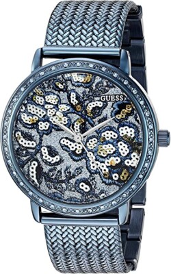GUESS Women's Willow Sky Blue Floral Mesh Bracelet steel Watch 35mm U0822L3