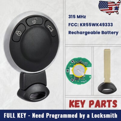 for BMW Mini Cooper Rechargeable Battery 315MHz Smart Remote Key Fob KR55WK49333