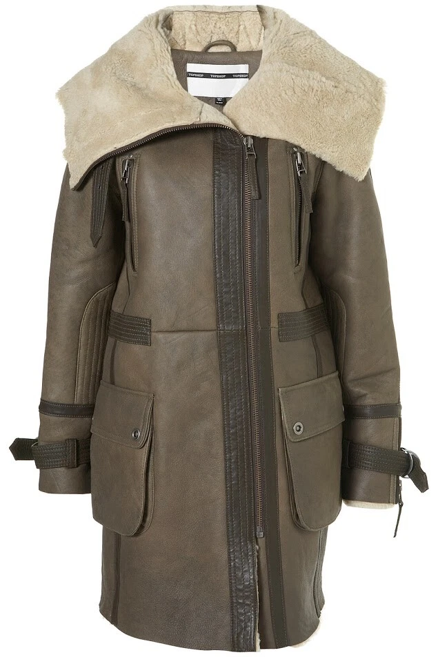 TOPSHOP Long Flying Aviator Sheepskin Shearling Oversized Funnel