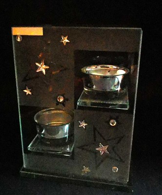 Tea light holder glass Formano square for 2 lights stars sparkling stones 17x12.5x7cm