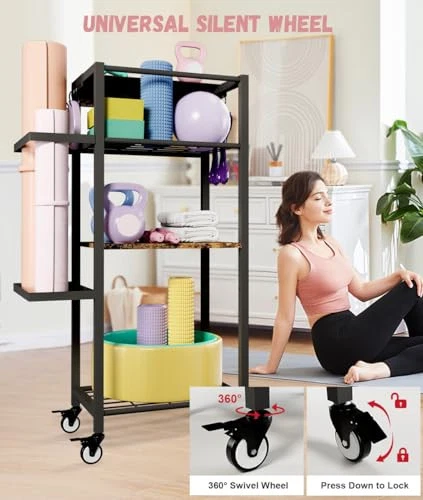 Yoga Mat Storage Rack with Wheels, 3 Tier Home Gym Workout Equipment Organizer Yoga Mat Storage Rack with Wheels, 3 Tier Home Gym Workout Equipment Organizer