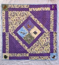 43 x43 Baby Crib Quilt Purple W/ Embroidery, Zoo, Butterflies, Dragonflies, Bees