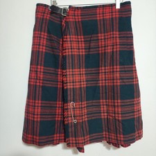Vintage Wool Tartan Kilt Skirt Red Black Plaid Wrap Buckle Pin Accent