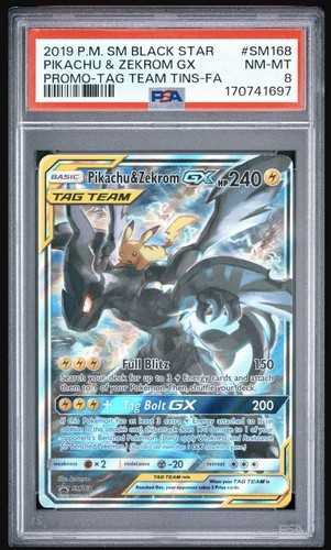 2019 Pokemon Pikachu & Zekrom GX SM168 Black Star Promo Full Art PSA 8 NM-MT