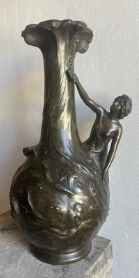 J. GARNIER Grand Vase en Bronze Patiné Brun Art Nouveau Liberty Jugendstil XIXe - Photo 1/4
