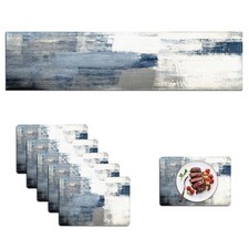 Dusty Blue Table Runner Placemats Set of 6 Pieces Abstract Linen Material