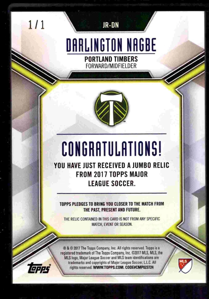 2017 Topps MLS Jumbo Relic Black 1/1! auto Darlington Nagbe Portland Timbers - Image 2 of 2