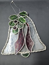 Stained Glass Christmas Bell  Poinsettia Hanging Decoration , 7.5"x6.5"