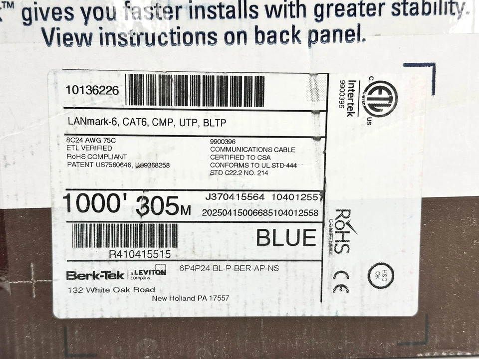 NUEVO Caja abierta Berk-Tek LANmark-6, Cat6 Plenum CMP, UTP, cable de datos, 410 pies, AZUL Foto 3 de 4