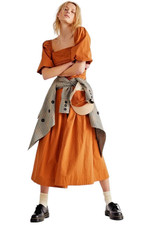 Free People Midi Dress Small Aint She A Beaut Orange Puff Sleeves Smocked Boho