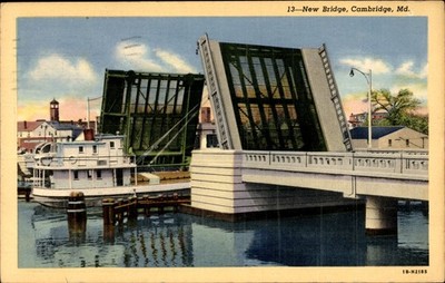 1941 New Bridge Cambridge MD Drawbridge Linen Postcard Maryland Boat Scene 13