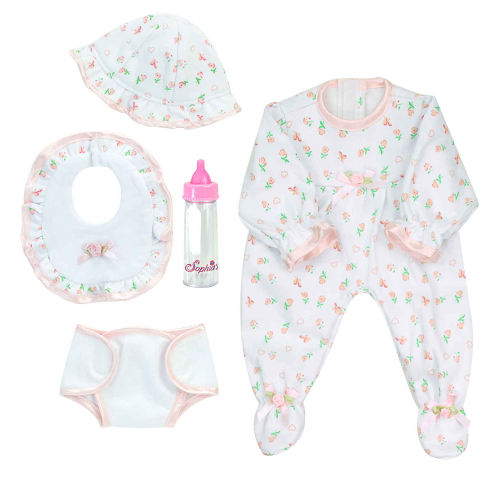 Sophia's 5 Piece Floral Print Baby Doll and Bottle Set for 15'' Dolls White/Pink