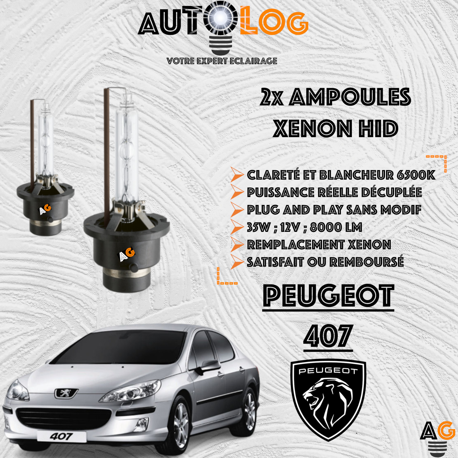 Kit ampoule xénon HID pour Peugeot 407 avec ballasts slim 35W conversion feux de croisement blanc 6000K