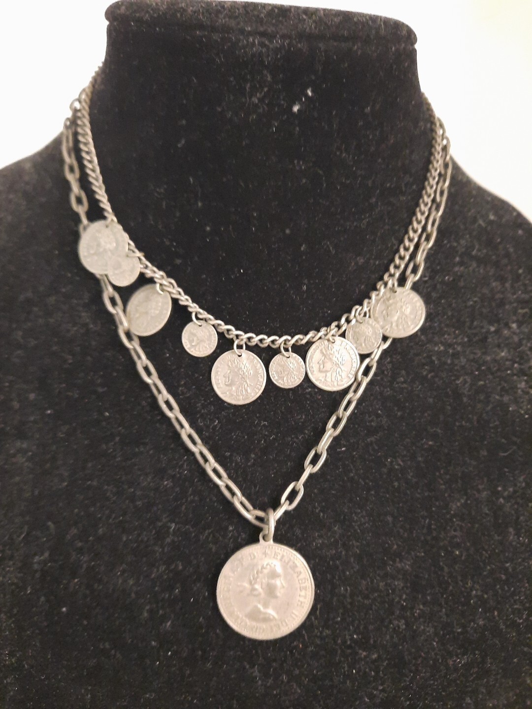 Victorian Revival Faux Coin Necklace Elizabeth II Republique Francaise 18 Inches