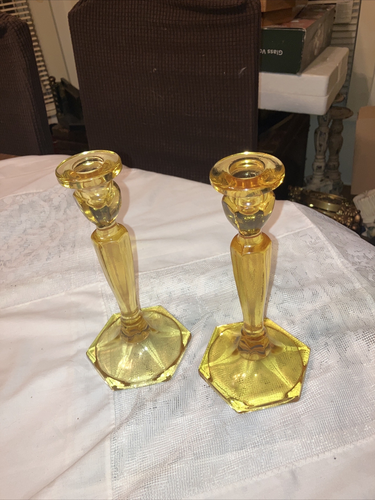Set Of 2 (8 1/2”) Yellow Depression Glass Candle Holders eBay
