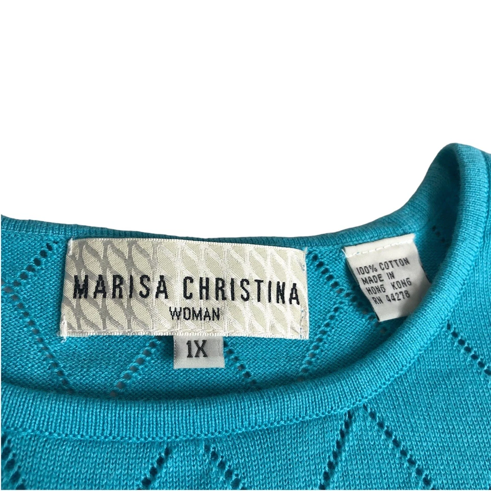 Vintage 90s Marisa Christina Sweater Top Womens 1X Blue Knit Tank Diamond Preppy - Image 4 of 4