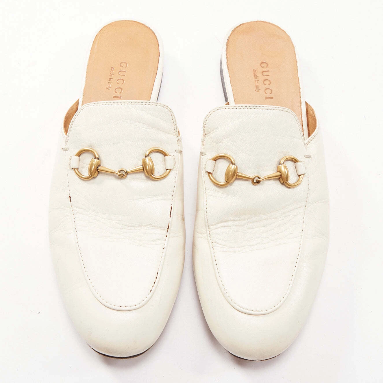 Mocassins mulets plats GUCCI Princetown cuir crème or mors de cheval EU36
