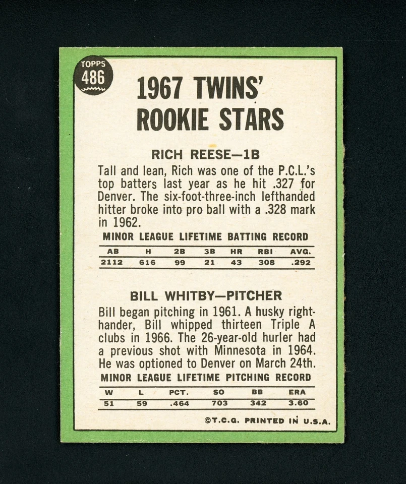 1967 Topps Twins Rookie Stars (Reese, Whitby) Minnesota Twins #486 NM+ - Image 2 of 2