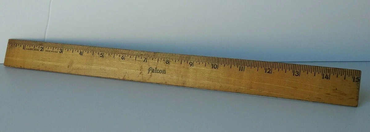 VINTAGE FALCON 15 INCH WOOD RULER. AUBURN MAINE,MADE IN USA. MISSING METAL  EDGE