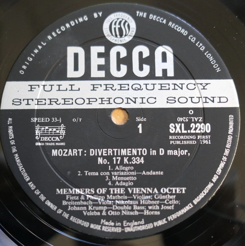 SXL 2290 ED1 Mozart Divertimenti K334 K136 Vienna Octet Decca WBG 1st EX - Image 2 of 4