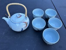 NIB Vintage 7 Piece Japanese Porcelain Tea Set Crane Design Bamboo Handle