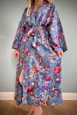 Indian Light Grey Bird Night Suit Kimono Cotton Robe Long Kimono Sleepwear US