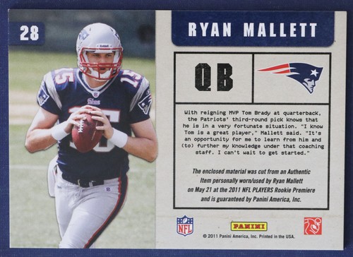 2011 Absolute Memorabilia War Room Materials #28 Ryan Mallett - Picture 2 of 2