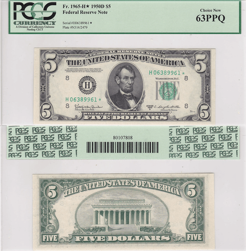 1950-D $5 Federal Reserve Note St. Louis District Star FR 1965-H* PCGS 63PPQ - Picture 1 of 5