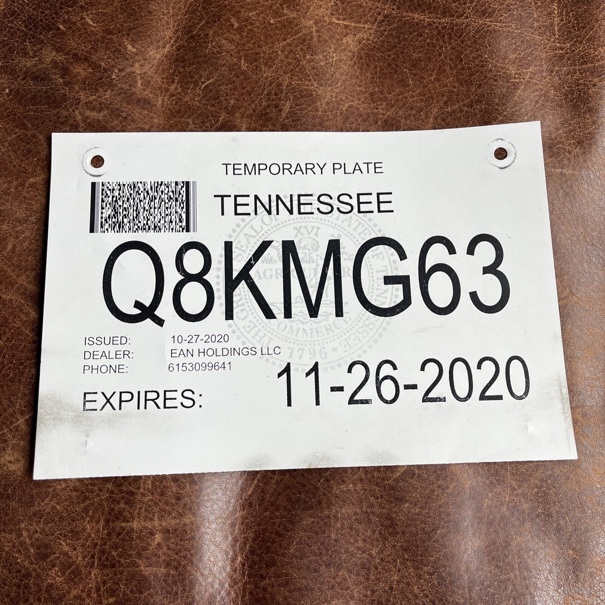 2020 Tennessee Temp Tag License Plate Nov 26 # Q8 KMG 63 Ean