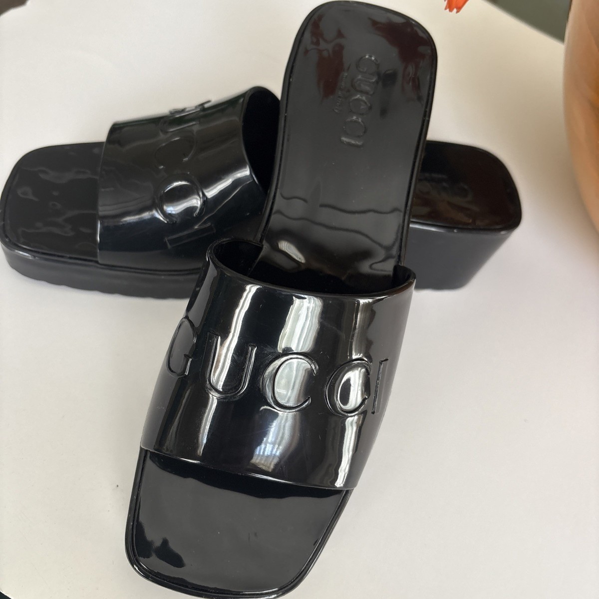 GUCCI Rubber Slide Sandal Black Square Open Toe Block Heel Mules