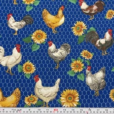 Vintage Sharon Kessler Chickens & Chicken Wire on Blue Cotton by the HALF YARD