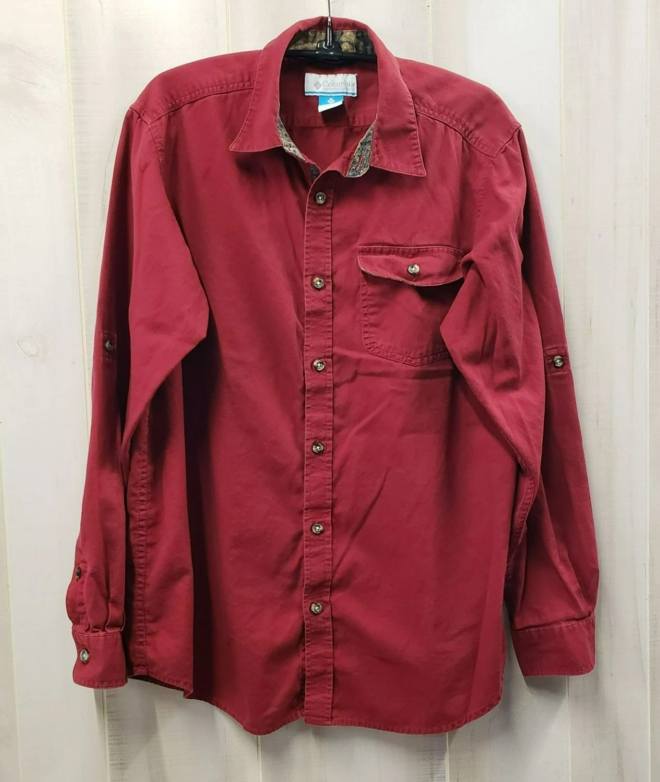 Columbia Red Long Sleeve Shirt, Button Front, Size M Medium, 100% Cotton