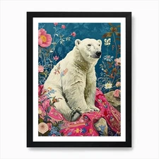 Floral Animal Painting Polar Bear 1 Framed Wall Art Poster Canvas Print Picture