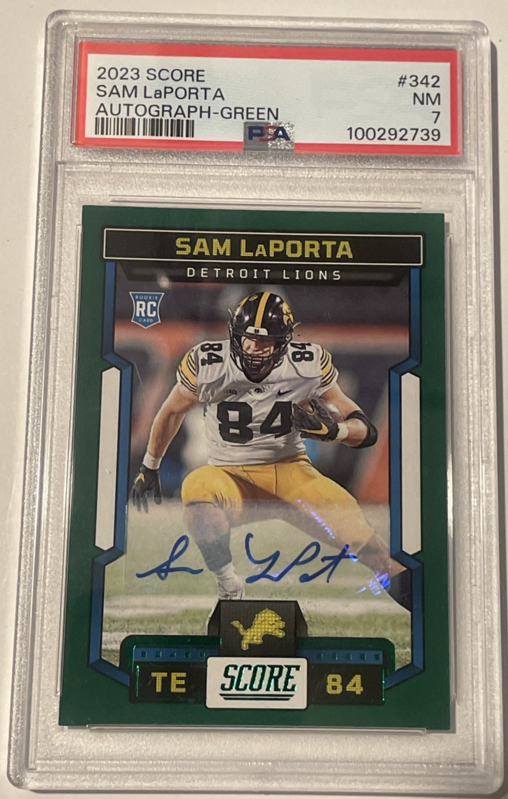 2023 Score - Rookies Sam LaPorta #342 Green Signatures (AU, RC) - PSA 7 - Lions