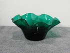 Vtg MCM Blenko ? 3744X Sea Green Teal Crimped Ruffled 8 ¼” Glass Bowl Handblown