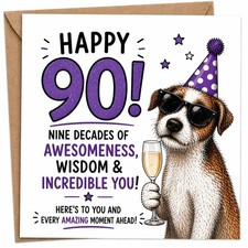 Funny 90th Birthday Card Dog Illustration Square 6x6 Silk Cardstock