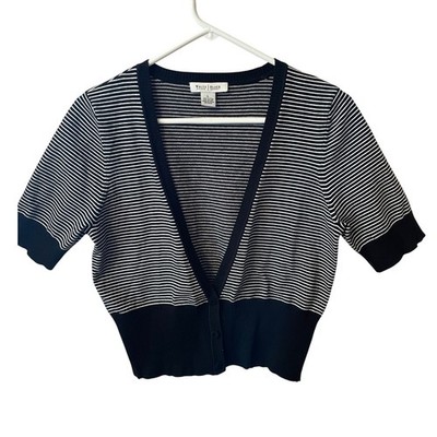 White House Black Market Black White Striped Cropped Cardigan Sweater Womens L