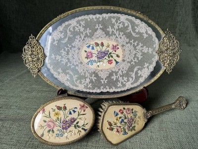 Vintage Petit Point Schminktisch Set 50er Jahre Tablett Pinsel Schmuckkästchen M364
