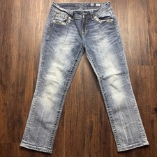 Miss Me Standard Easy Crop Jeans Distressed Medium Wash Embellished Size 26