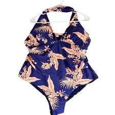 Tropical Floral Halter One Piece Swimsuit Navy Blue Orange Plus Size 3XL