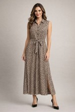 Animal Print Maxi Dress Womens L Sleeveless Tie Waist Side Slits