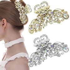 2Pcs Rhinestone Floral Hollow Hair Claw Clips, Gold  Silver Vintage Large