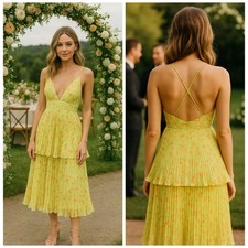 AMUR Lime Floral Pleated Tiered Midi Dress 6 | Wedding Guest Spring Party NWT