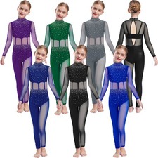 Kids Girls Jumpsuit Stage Dancewear Figure Skating Leotard Rhinestones Sheer