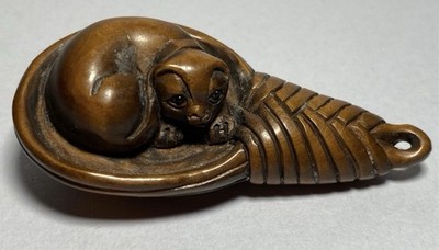 Japanese Netsuke, Hand-Carved Cat, Resting on Basket, Charming Pose, Wood